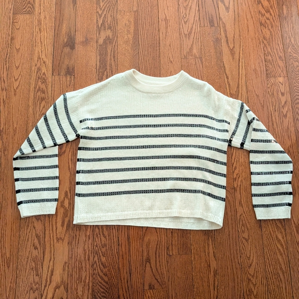 LOFT Cream and Black Sparkled Striped Sweater